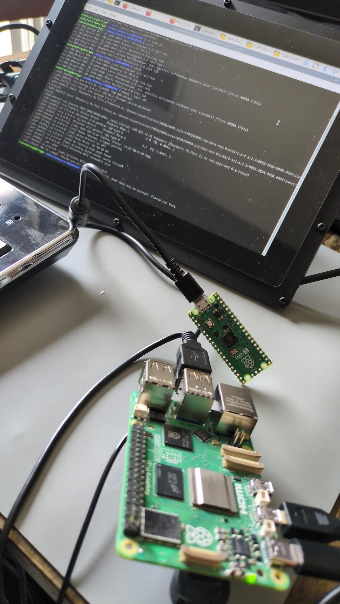Bench test of Raspberry Pi, screen, and Pico